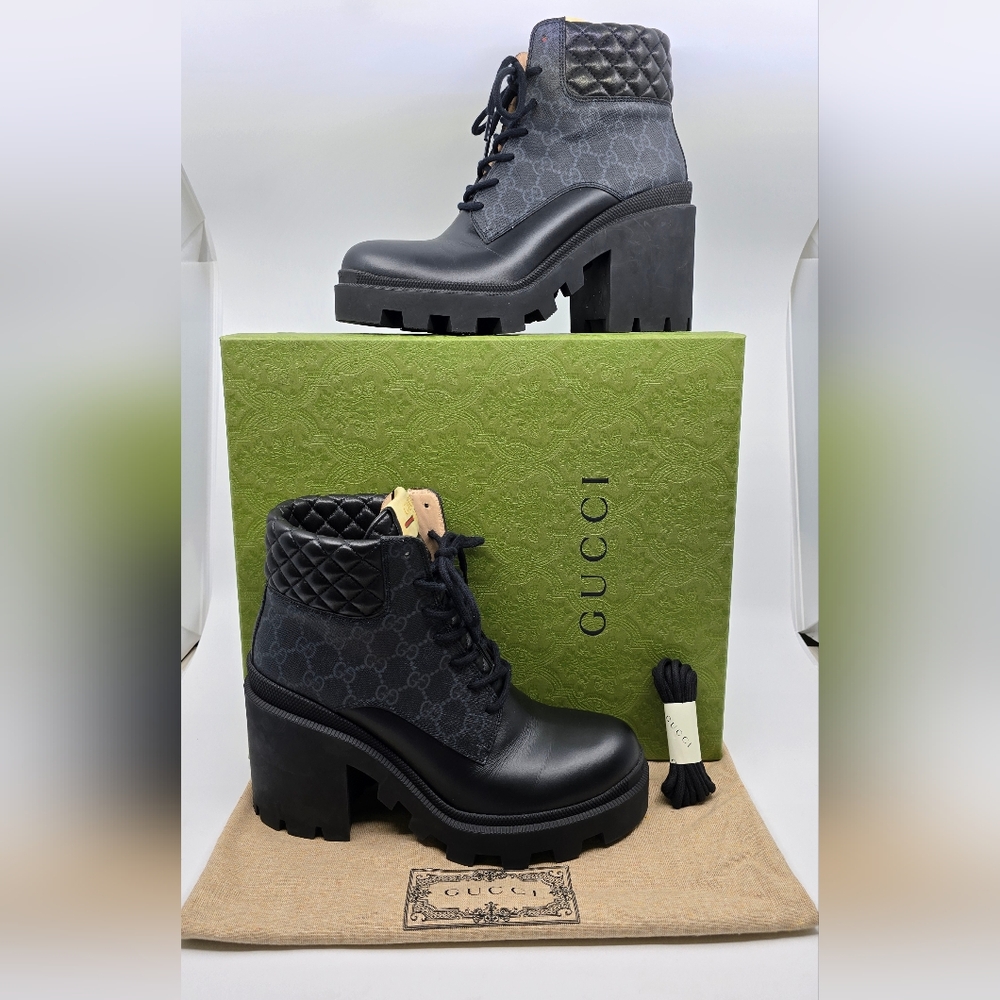 Gucci GG Supreme Canvas Quilted Leather Heeled Ankle Boots